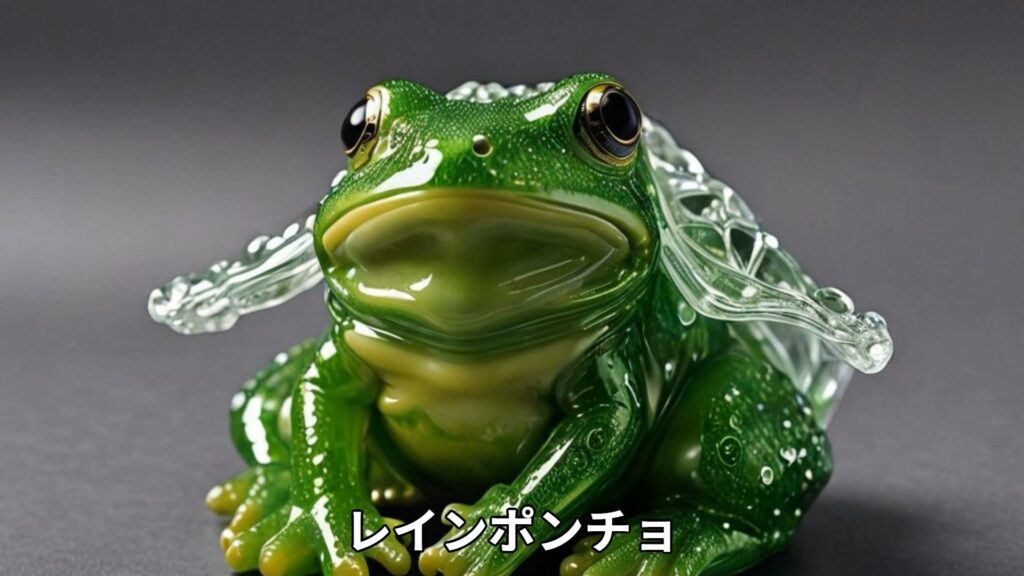 レインポンチョを着たかえるのピクルス 梅雨の撮影イメージ