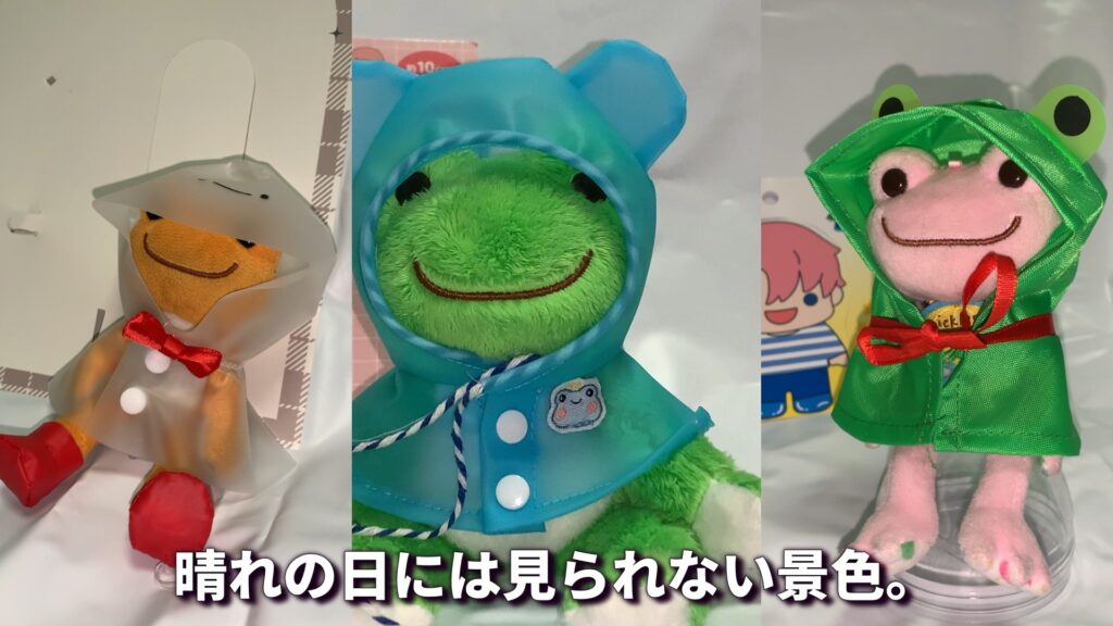 雨の日のぬい活撮影 レインポンチョを着たかえるのピクルス 梅雨の景色