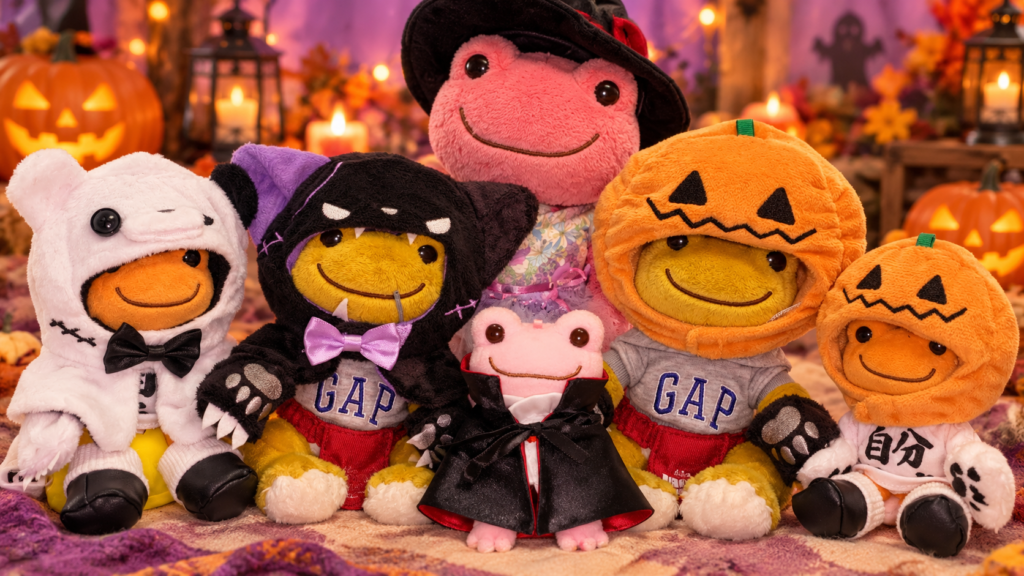 ハロウィンのぬい服を着たかえるのピクルスたちが並ぶAI生成のイメージ画像（おばけくま・おばけねこ・ドラキュラ・かぼちゃ）
