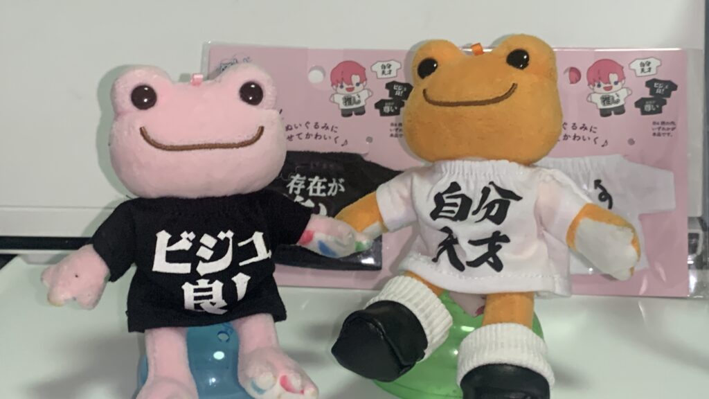 セリアの文字Tシャツを着たかえるのピクルスのコーデ