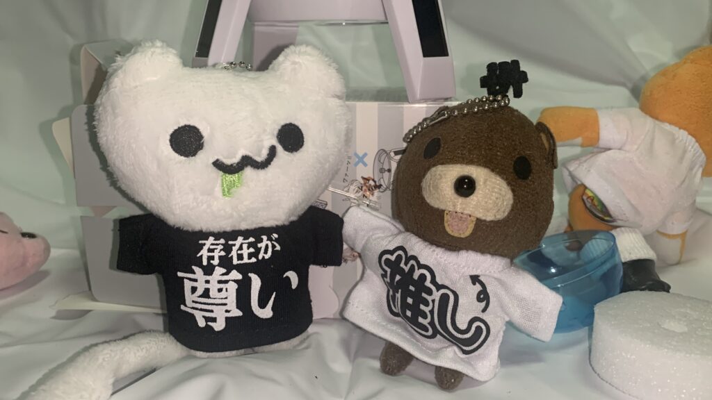 セリアの文字Tシャツを着用したアナロ熊のぬいぐるみ