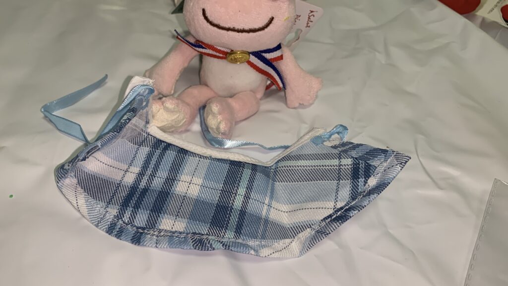 ひもで結ぶチェックケープを着用したかえるのピクルス